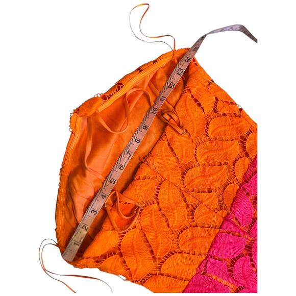 NWOT VICI Jaycie Colorblock Fuchsia Orange Crochet Leaf Halte Maxi Dress Small - Picture 9 of 10